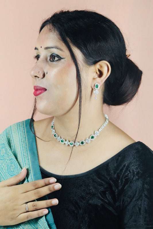 GREEN ARTIFICIAL AMERICAN DIAMOND(AD) NECKLACE SET