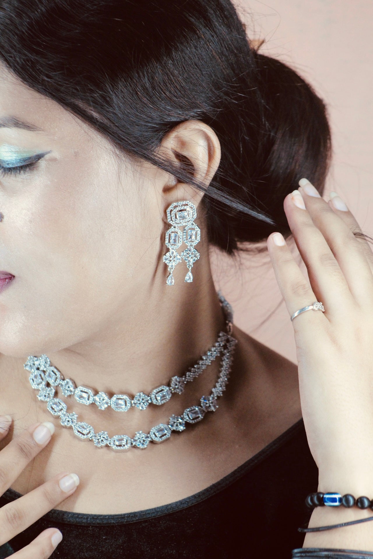 Royal Double-Layer AD Necklace Set with Long Dangling Earrings