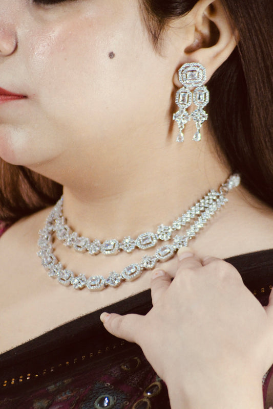 Royal Double-Layer AD Necklace Set with Long Dangling Earrings