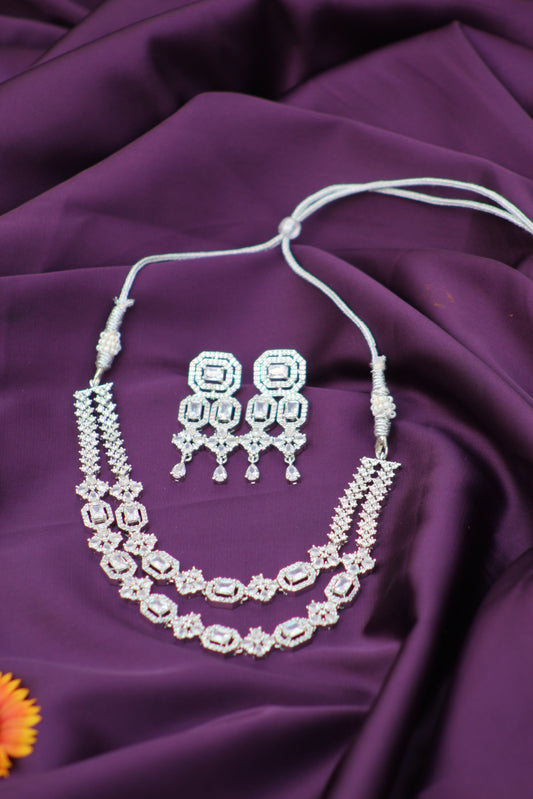 Royal Double-Layer AD Necklace Set with Long Dangling Earrings