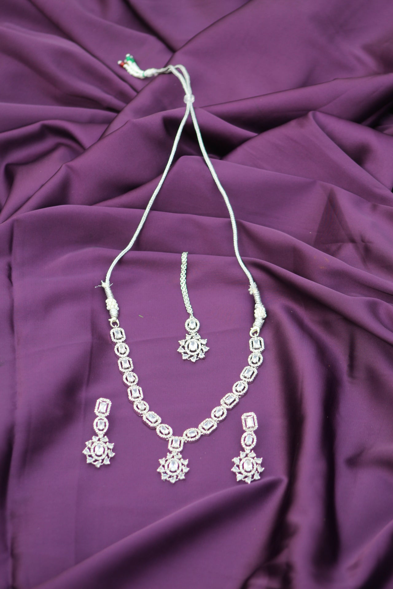 Crystal Shine AD Necklace Set with Maang Teeka