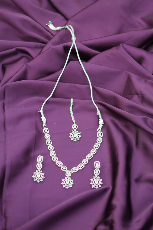 Crystal Shine AD Necklace Set with Maang Teeka