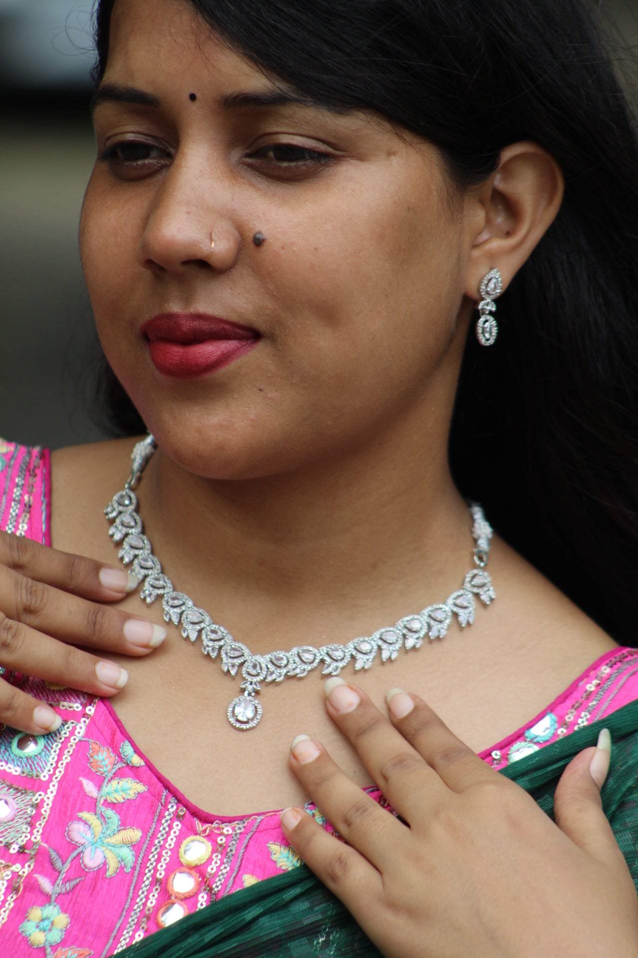 Elegant AD Pendant Necklace Set with Earrings – Silver Finish