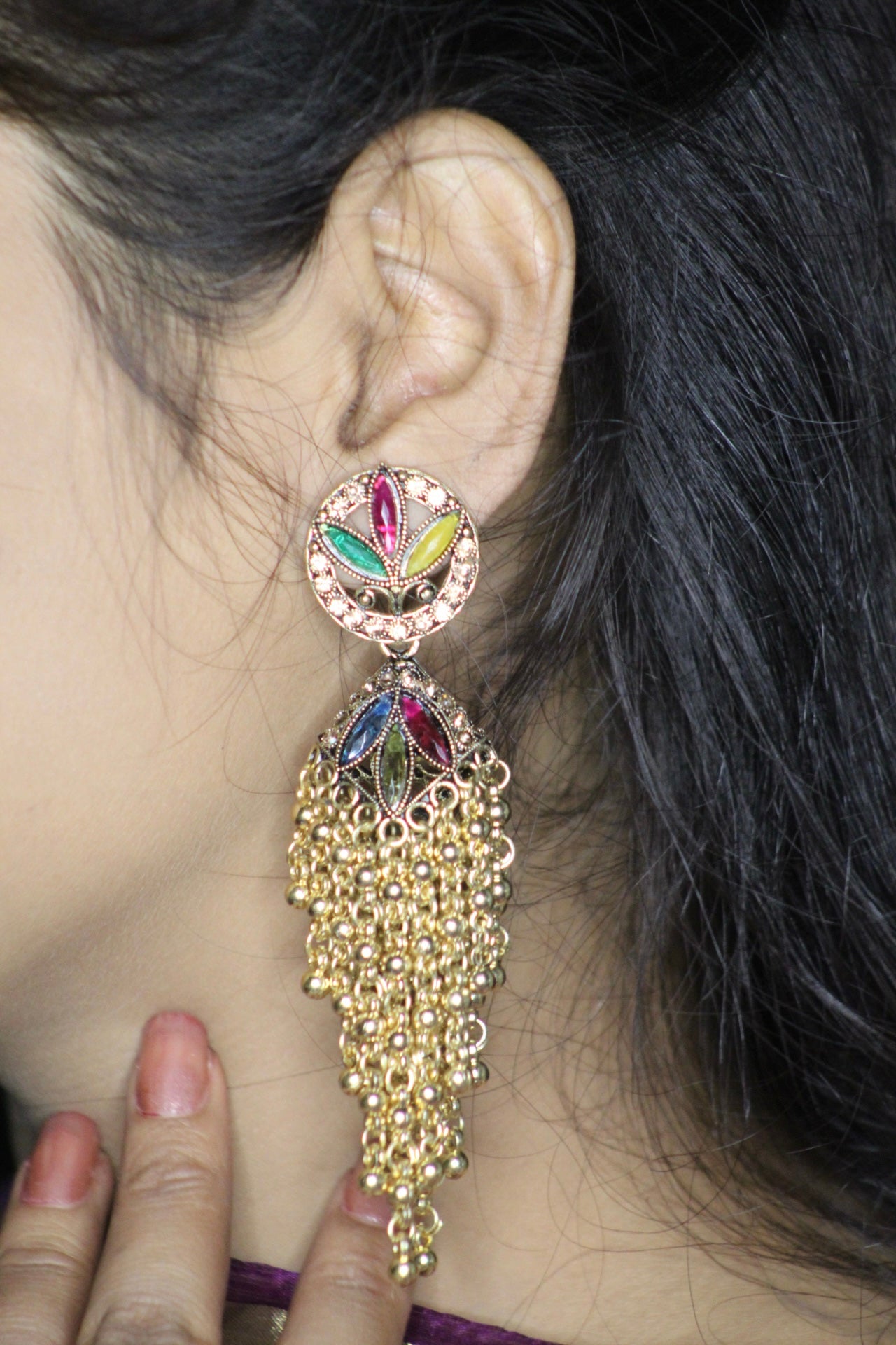 MULTI-COLOUR STONE OXIDIZED JHUMKAS