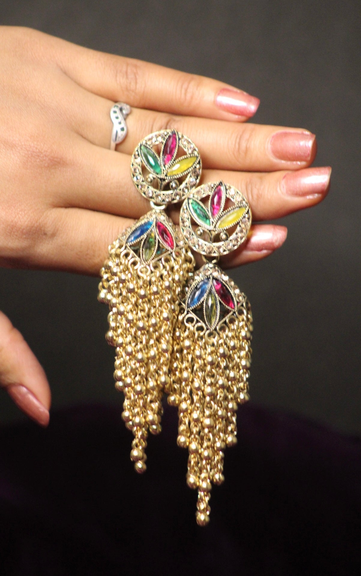 MULTI-COLOUR STONE OXIDIZED JHUMKAS