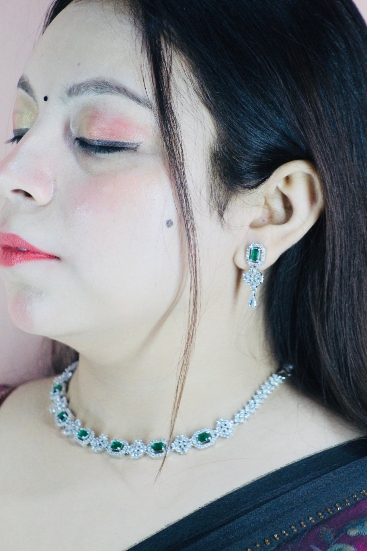 GREEN ARTIFICIAL AMERICAN DIAMOND(AD) NECKLACE SET
